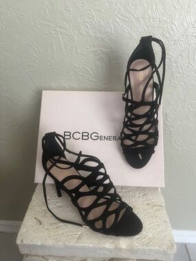 BCBGeneration Black Strappy Lace-Up Cutout Heels